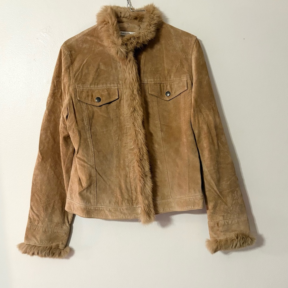 Vintage Tan Leather Rabbit Fur Trim Western Boho Y2k Women’s Jacket Sz 12